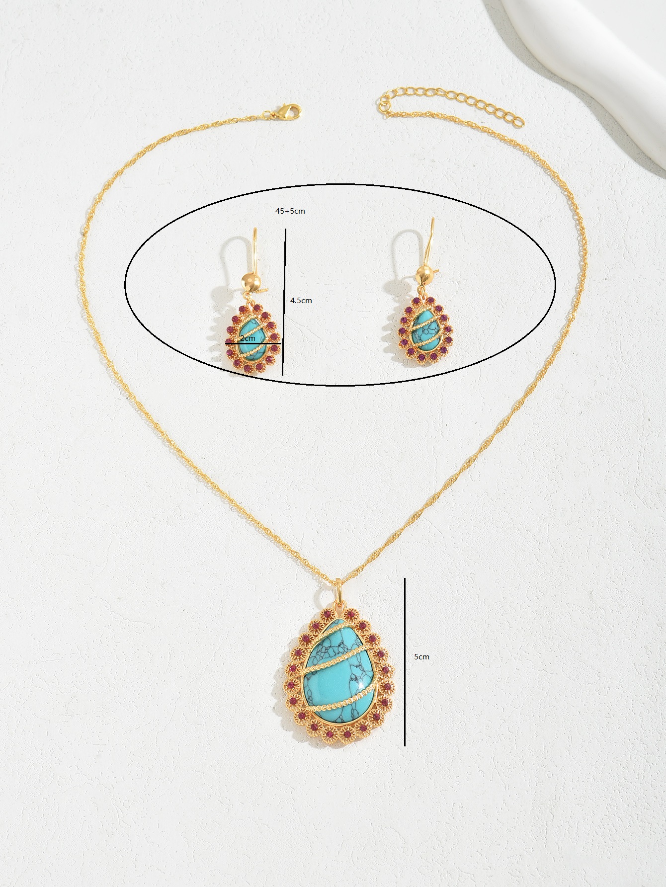 Copper 18K Gold Plated Elegant Vintage Style Lady Inlay Water Droplets Rose Turquoise Rhinestones Earrings Necklace display picture 1