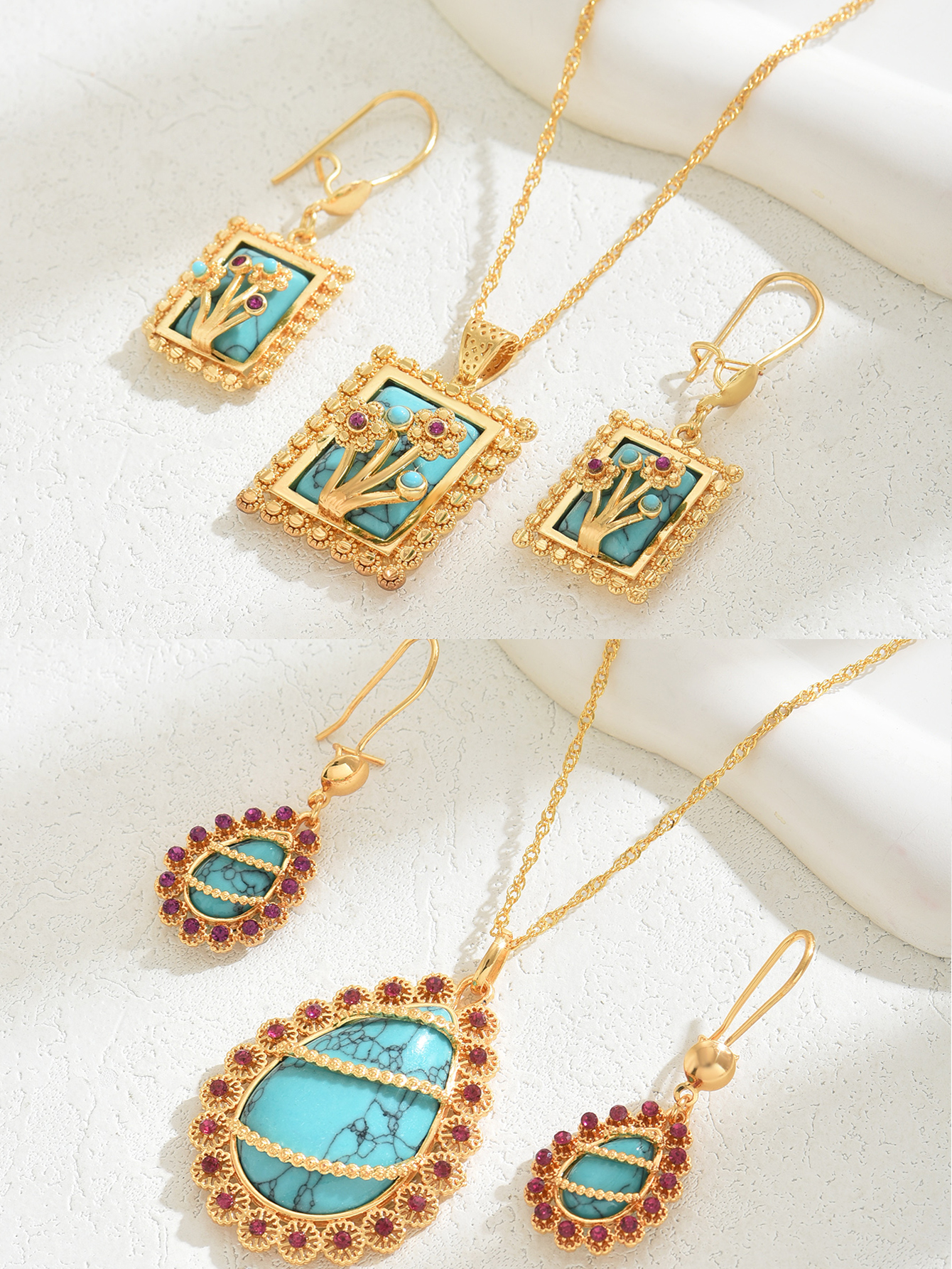 Copper 18K Gold Plated Elegant Vintage Style Lady Inlay Water Droplets Rose Turquoise Rhinestones Earrings Necklace display picture 9