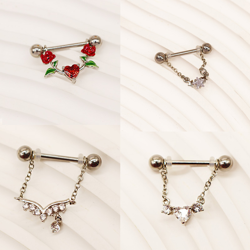1 Piece Nipple Rings & Studs IG Style Shiny Heart Shape Flower 316 Stainless Steel  Alloy Titanium Steel Epoxy Chain Inlay Resin Rhinestones Glass White Gold Plated Gold Plated display picture 8