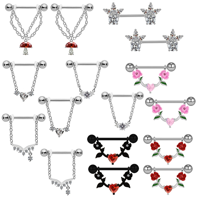 1 Piece Nipple Rings & Studs IG Style Shiny Heart Shape Flower 316 Stainless Steel  Alloy Titanium Steel Epoxy Chain Inlay Resin Rhinestones Glass White Gold Plated Gold Plated display picture 6
