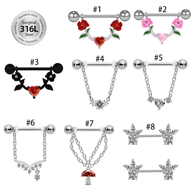 1 Piece Nipple Rings & Studs IG Style Shiny Heart Shape Flower 316 Stainless Steel  Alloy Titanium Steel Epoxy Chain Inlay Resin Rhinestones Glass White Gold Plated Gold Plated display picture 36
