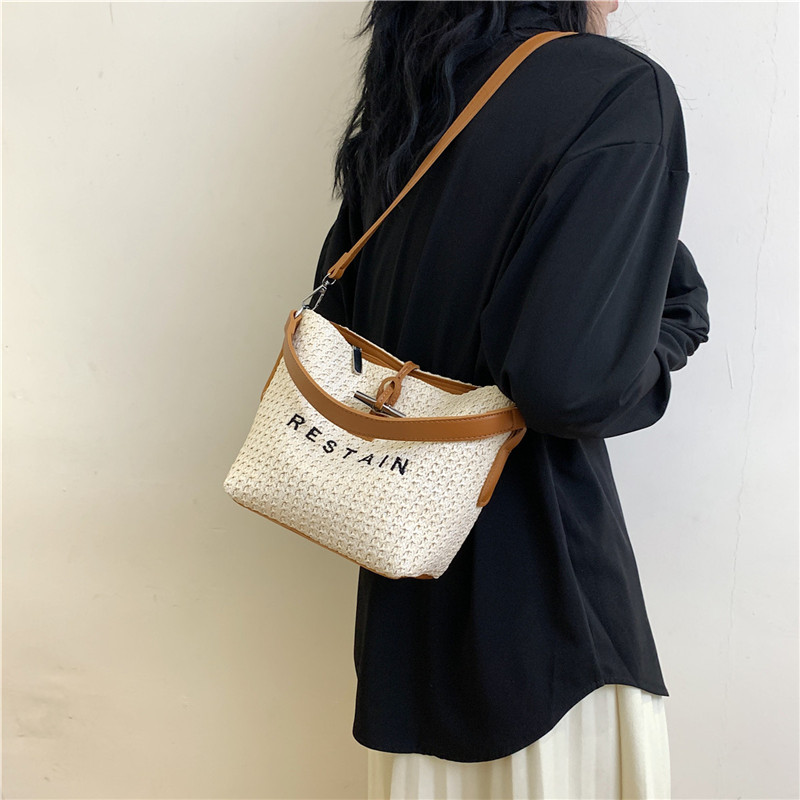 Women's Straw Letter Classic Style Sewing Thread Zipper Bucket Bag display picture 12