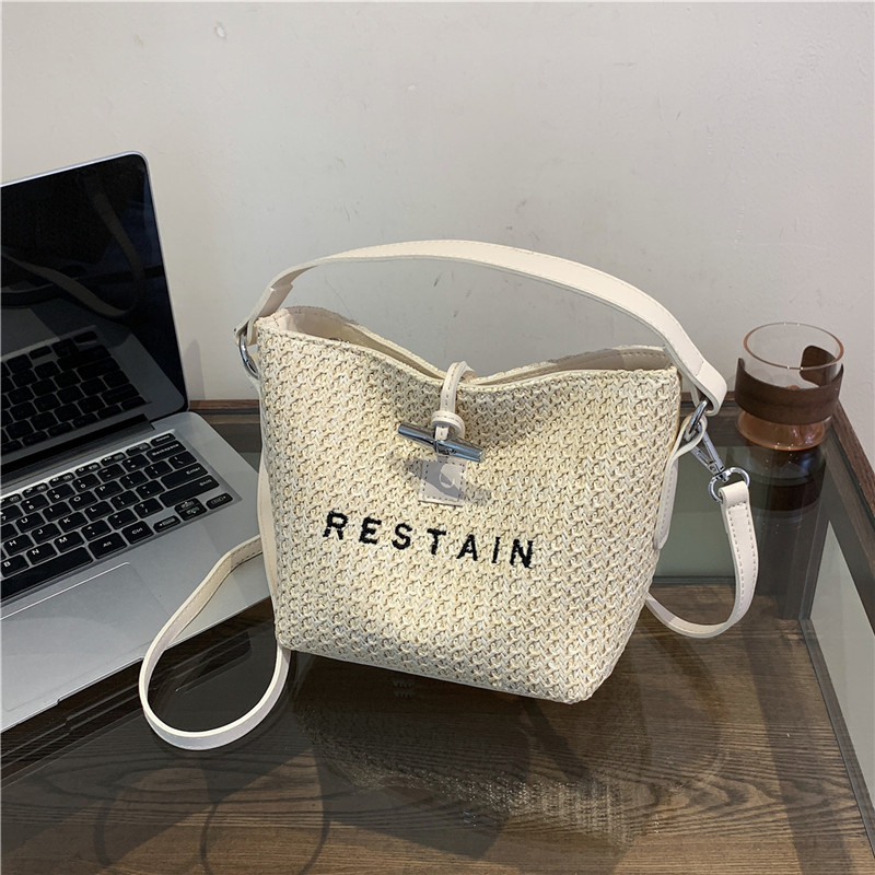 Women's Straw Letter Classic Style Sewing Thread Zipper Bucket Bag display picture 11