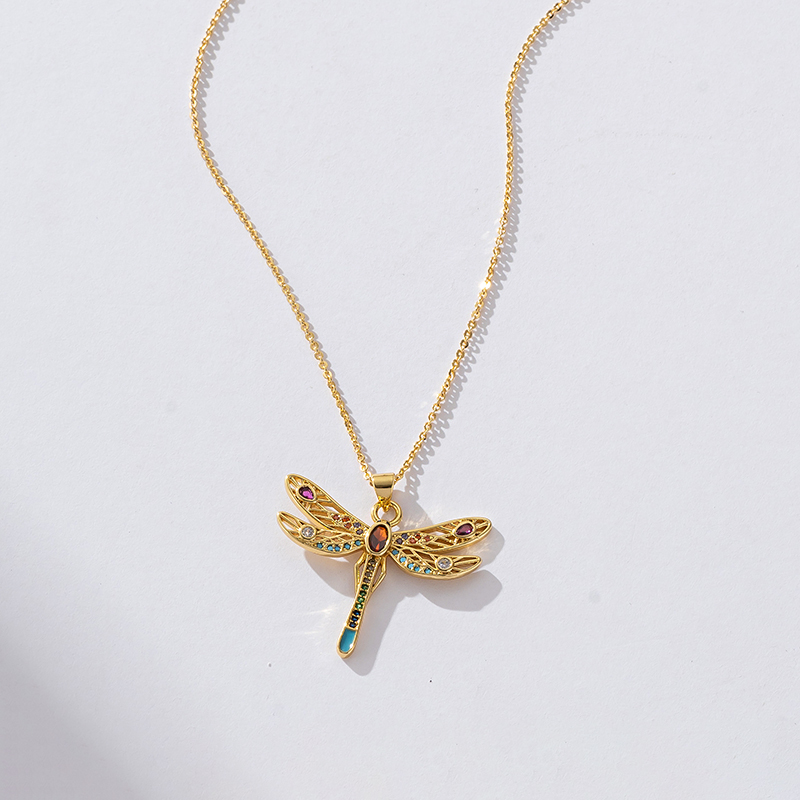 Copper Elegant Classical Romantic Plating Inlay Cross Dragonfly Zircon Pendant Necklace display picture 2