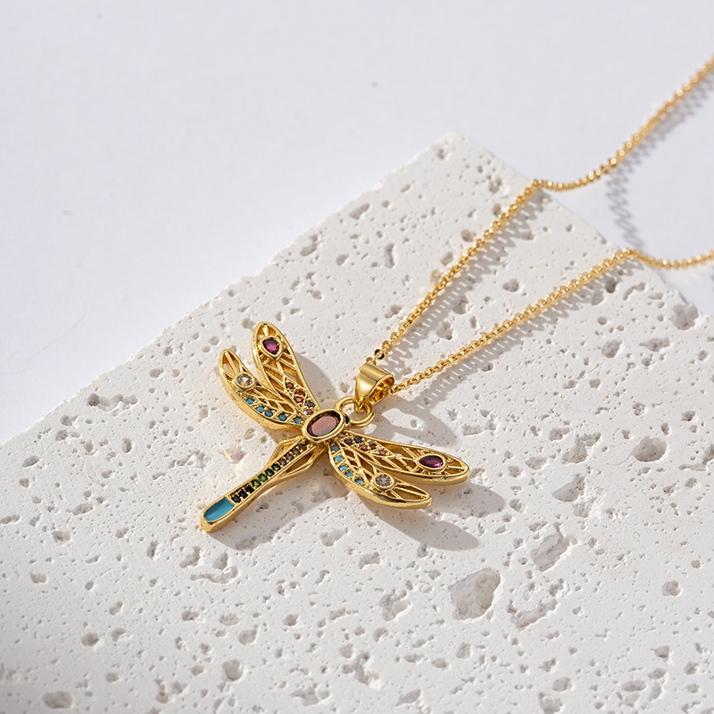 Copper Elegant Classical Romantic Plating Inlay Cross Dragonfly Zircon Pendant Necklace display picture 4