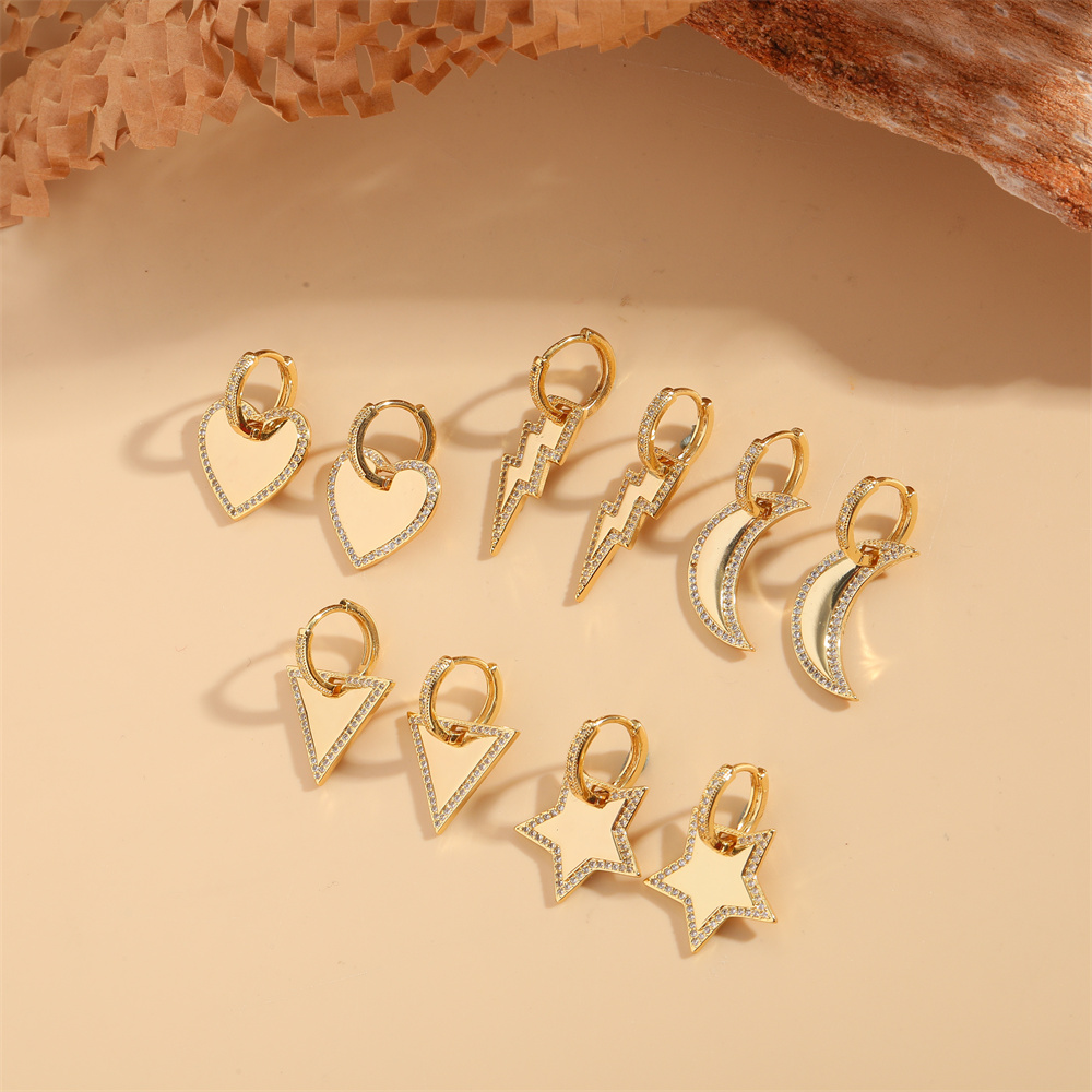 1 Pair Vintage Style Pentagram Moon Heart Shape Inlay Copper Zircon 14K Gold Plated Drop Earrings display picture 5