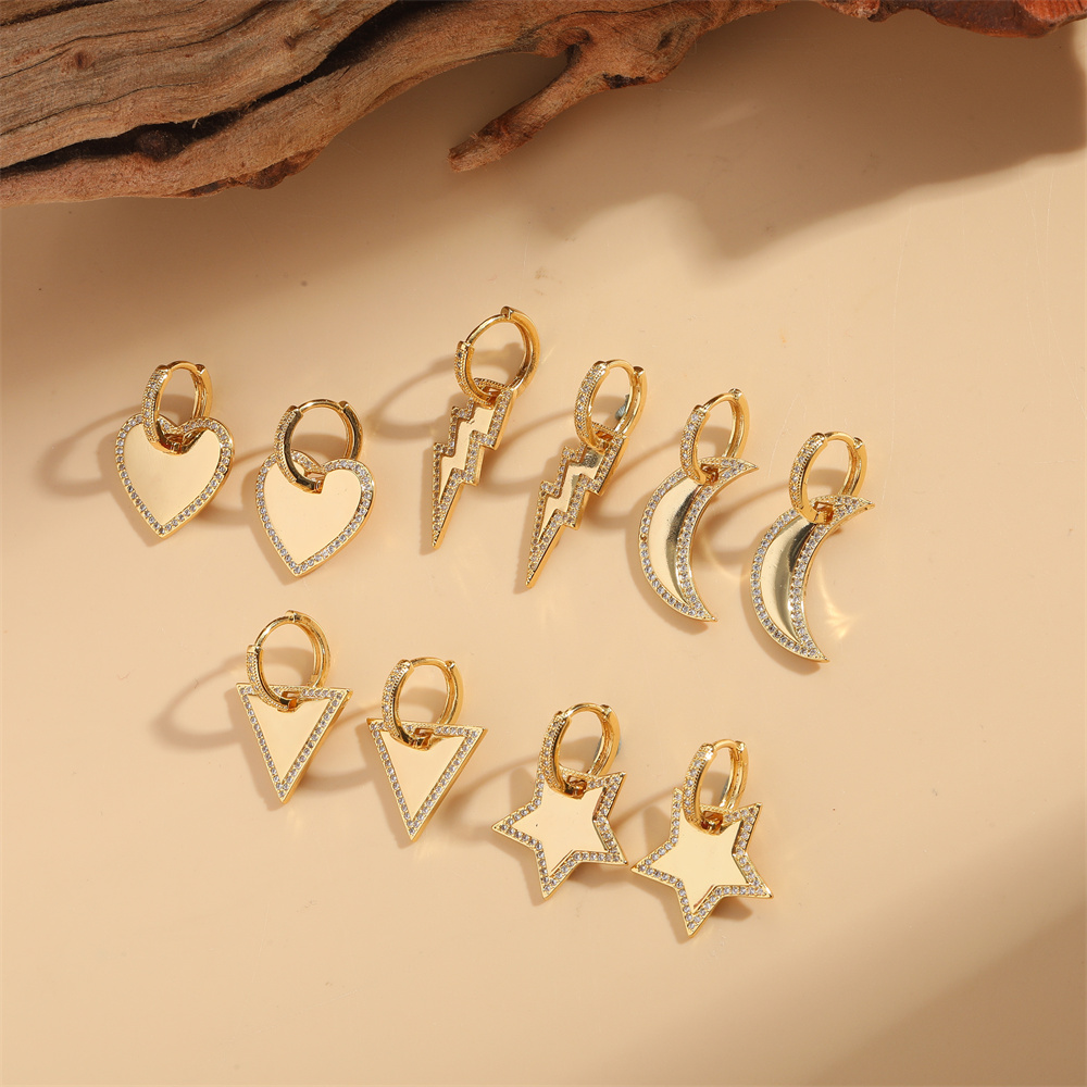 1 Pair Vintage Style Pentagram Moon Heart Shape Inlay Copper Zircon 14K Gold Plated Drop Earrings display picture 8