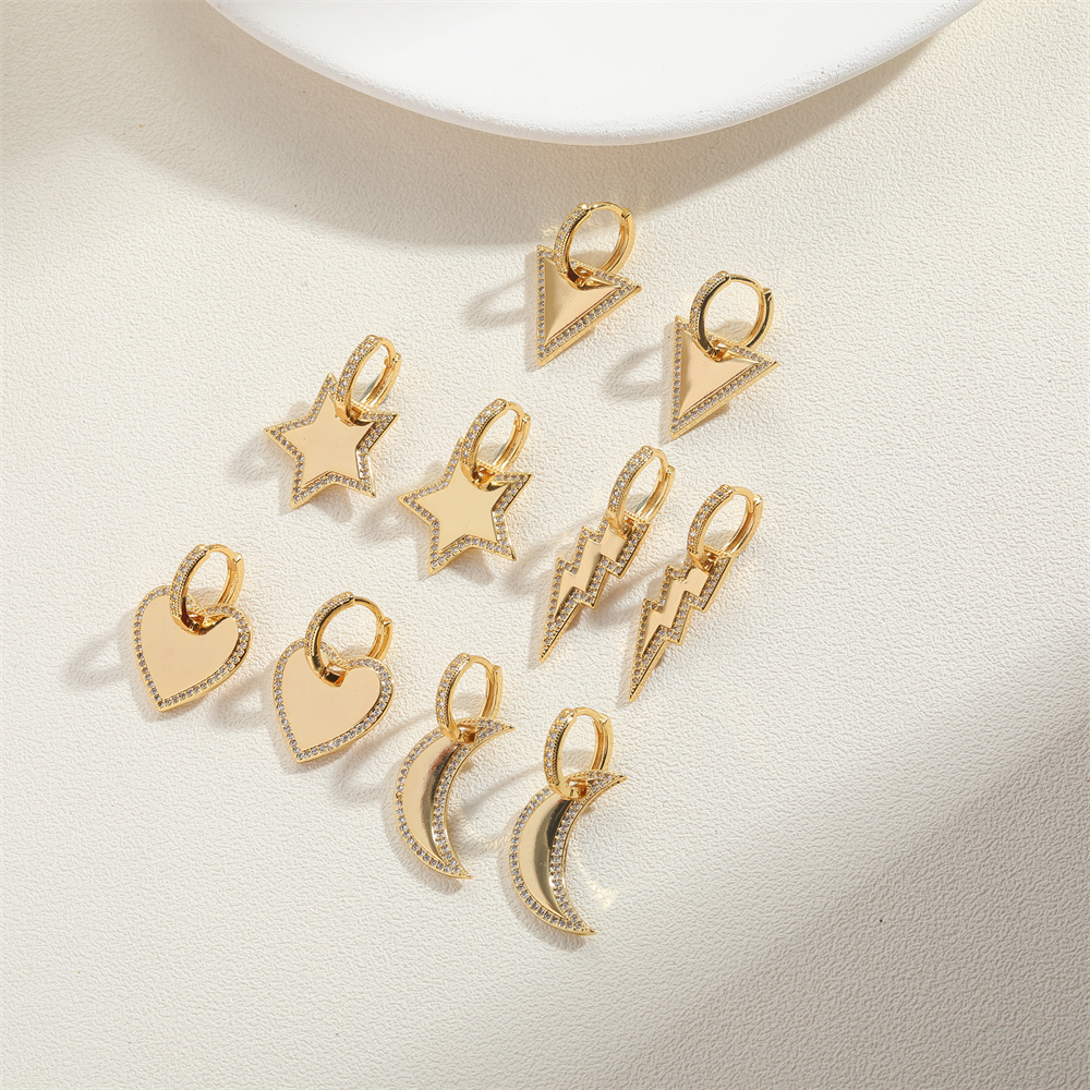 1 Pair Vintage Style Pentagram Moon Heart Shape Inlay Copper Zircon 14K Gold Plated Drop Earrings display picture 1