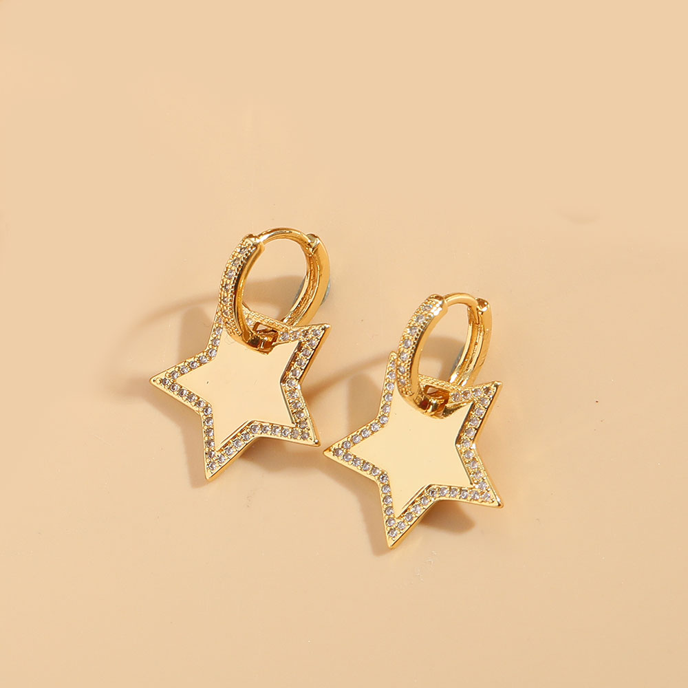 1 Pair Vintage Style Pentagram Moon Heart Shape Inlay Copper Zircon 14K Gold Plated Drop Earrings display picture 7