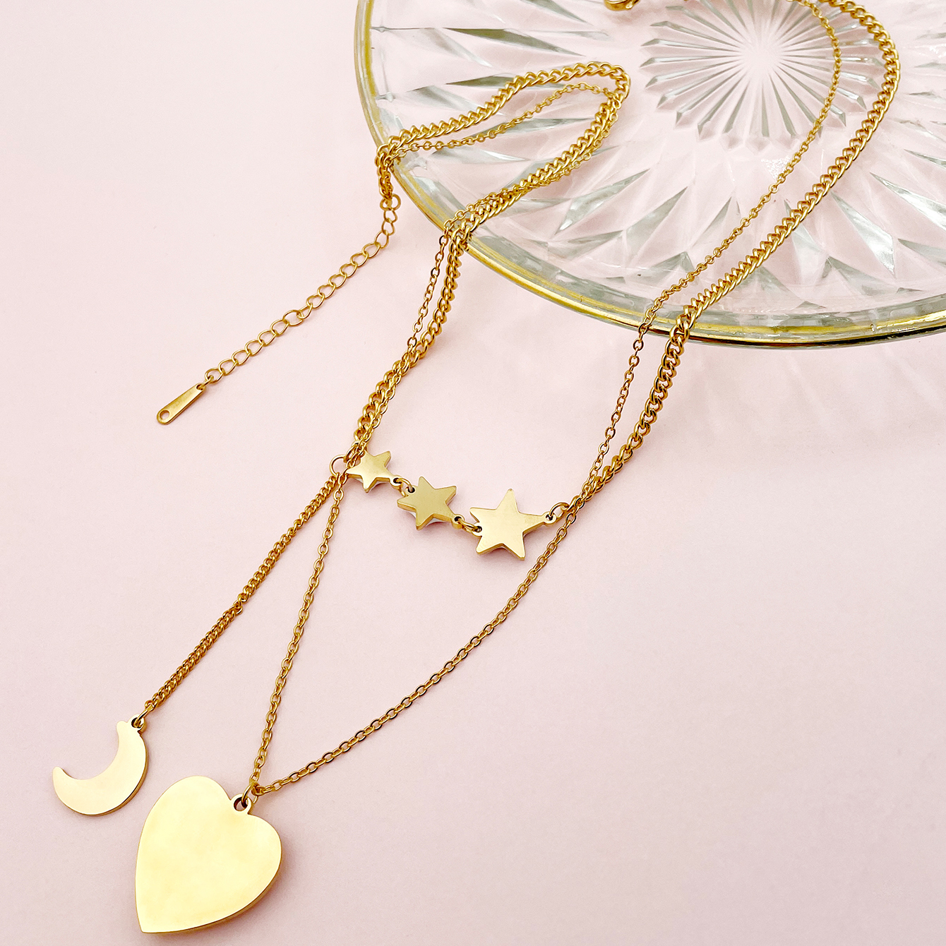 304 Stainless Steel Vacation Sweet Shiny Inlay Star Moon Heart Shape Shell Zircon Double Layer Necklaces display picture 3