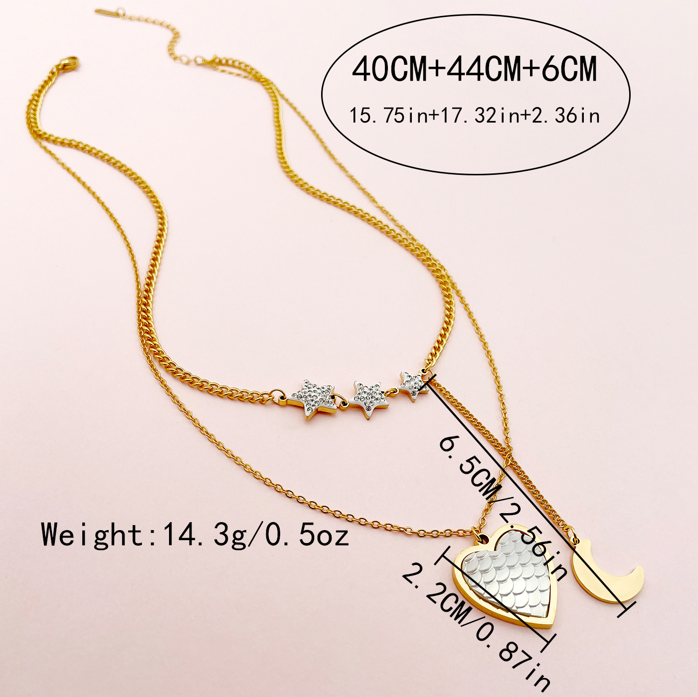 304 Stainless Steel Vacation Sweet Shiny Inlay Star Moon Heart Shape Shell Zircon Double Layer Necklaces display picture 2