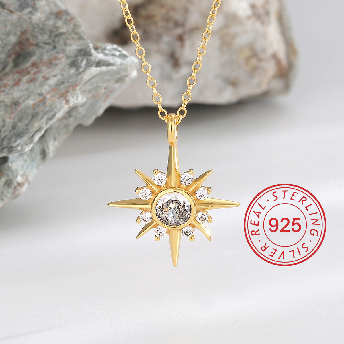 Sterling Silver 18K Gold Plated Simple Style Inlay Sun Star Heart Shape Zircon Pendant Necklace display picture 12