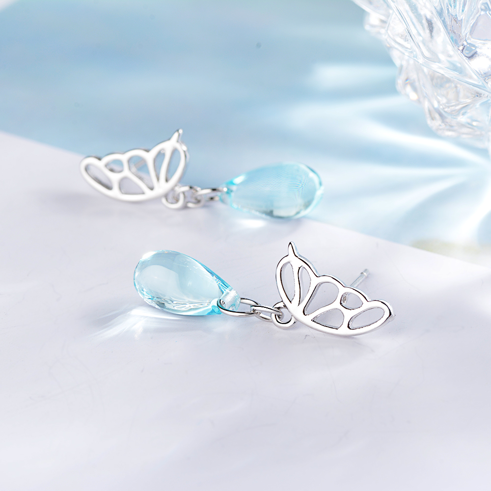 1 Pair IG Style Sweet Water Droplets Butterfly Hollow Out Artificial Crystal Copper White Gold Plated Drop Earrings display picture 2