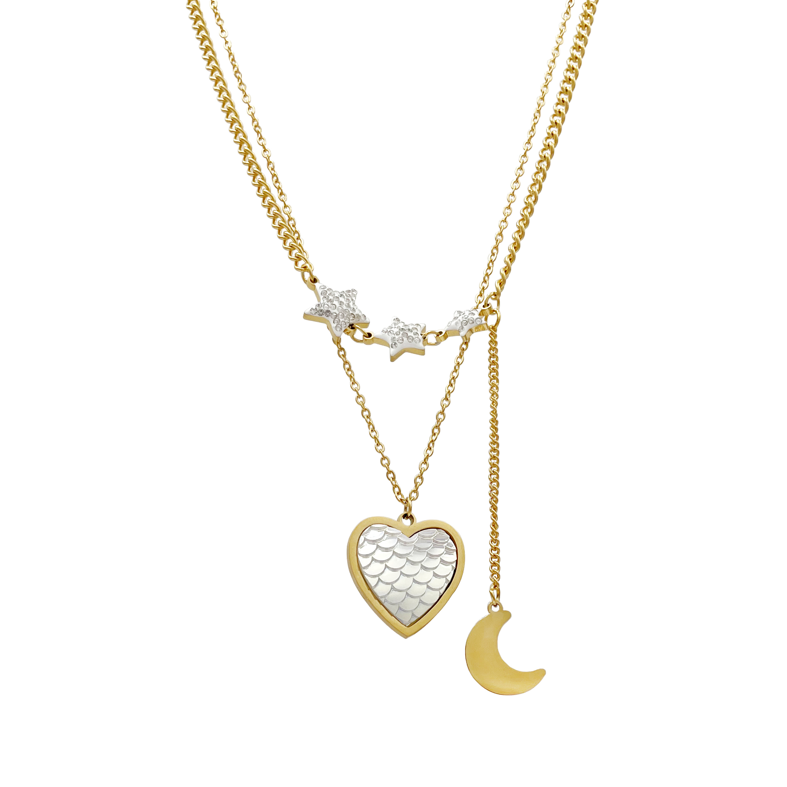 304 Stainless Steel Vacation Sweet Shiny Inlay Star Moon Heart Shape Shell Zircon Double Layer Necklaces display picture 1