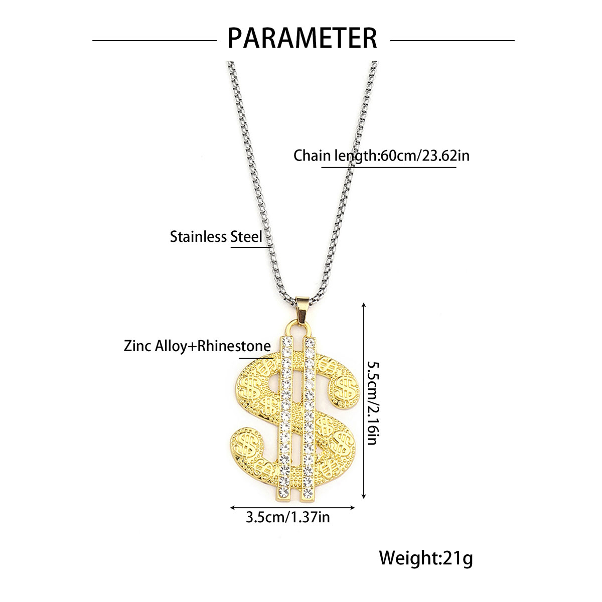 Hip-Hop Dollar 201 Stainless Steel Zinc Alloy Inlay Rhinestones Men's Pendant Necklace display picture 1