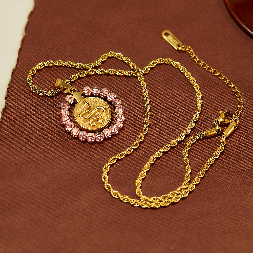 Edelstahl 304 IG-Stil Einfacher Stil Perlen Aushöhlen Runden Schlange Halskette Mit Anhänger display picture 4