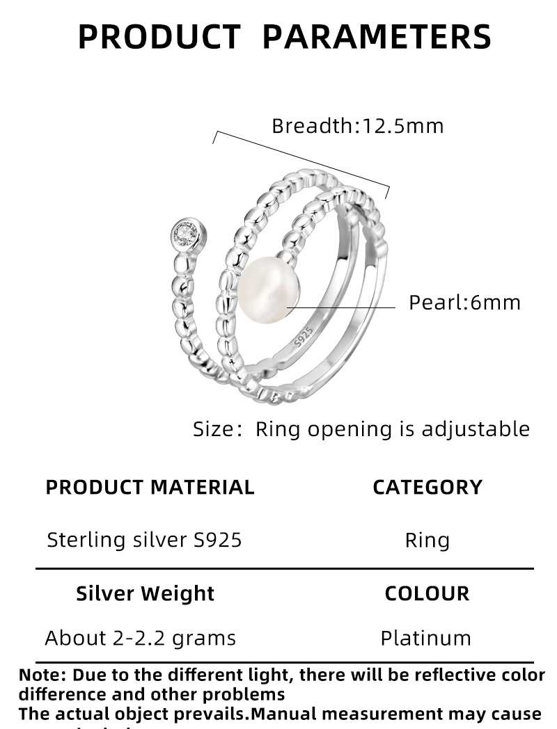 Sterling Silver White Gold Plated Elegant Glam Luxurious Inlay Lines Pearl Zircon Open Rings display picture 2