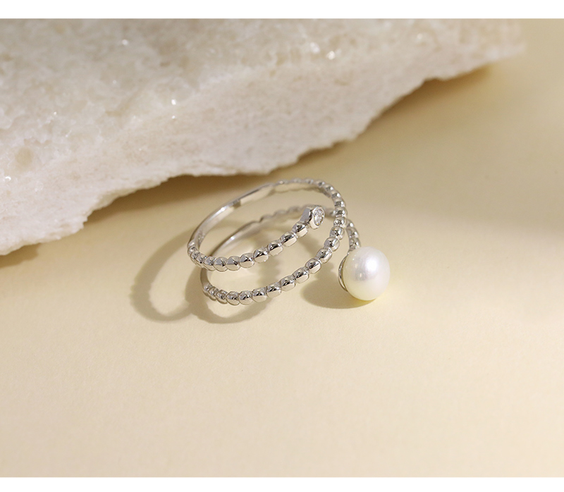 Sterling Silver White Gold Plated Elegant Glam Luxurious Inlay Lines Pearl Zircon Open Rings display picture 5