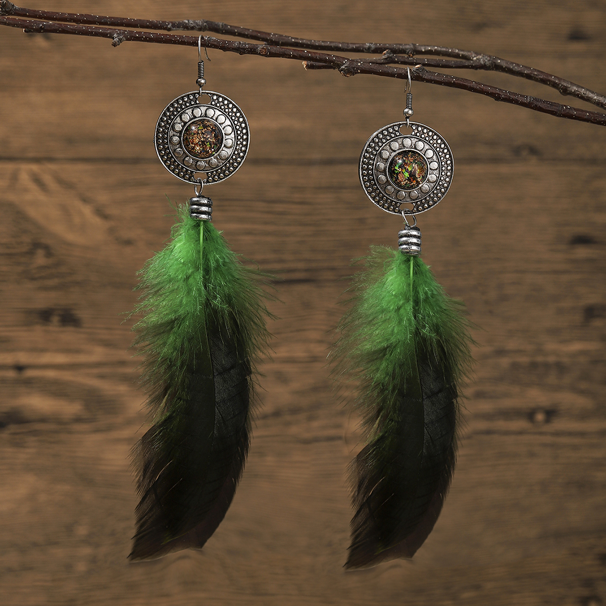 1 Pair Y2K Bohemian Beach Feather Inlay Feather Glass Silver Plated Drop Earrings display picture 13
