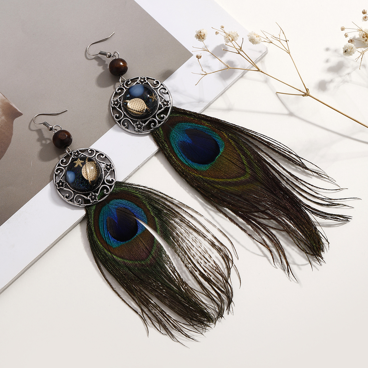 1 Pair Y2K Bohemian Beach Feather Inlay Feather Glass Silver Plated Drop Earrings display picture 1