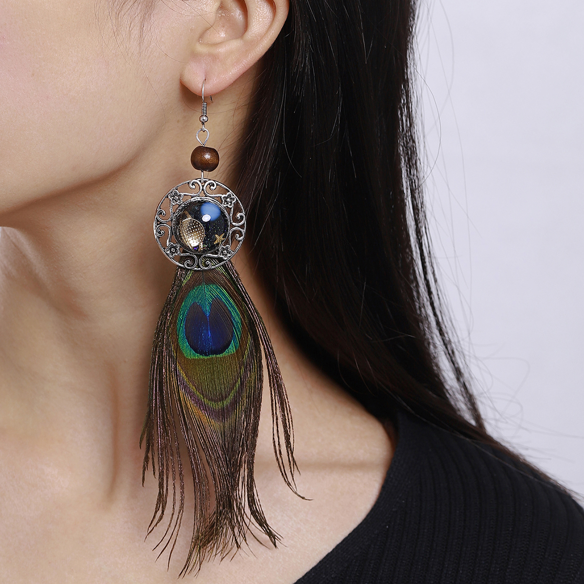 1 Pair Y2K Bohemian Beach Feather Inlay Feather Glass Silver Plated Drop Earrings display picture 5