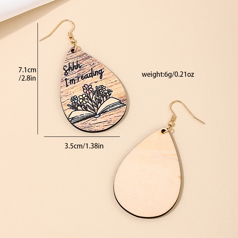 1 Piece Simple Style Classic Style Book Letter Printing Wood Drop Earrings display picture 4