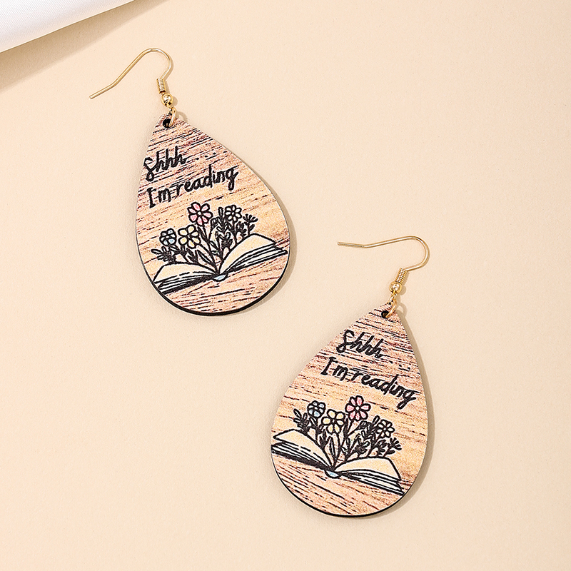 1 Piece Simple Style Classic Style Book Letter Printing Wood Drop Earrings display picture 6