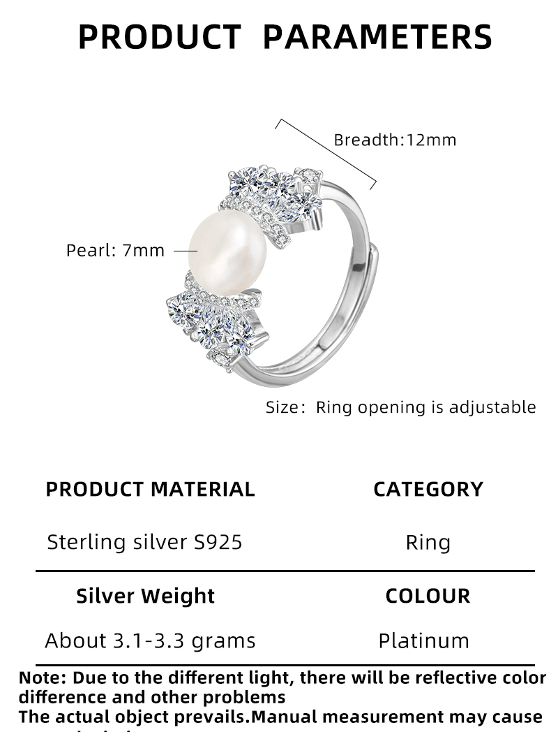 Sterling Silver White Gold Plated Elegant Glam Plating Inlay Solid Color Pearl Zircon Open Rings display picture 2