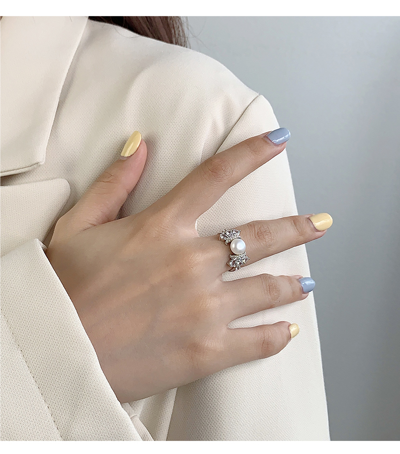 Sterling Silber Weißgold Plattiert Elegant Glam Überzug Inlay Einfarbig Perle Zirkon Offener Ring display picture 6