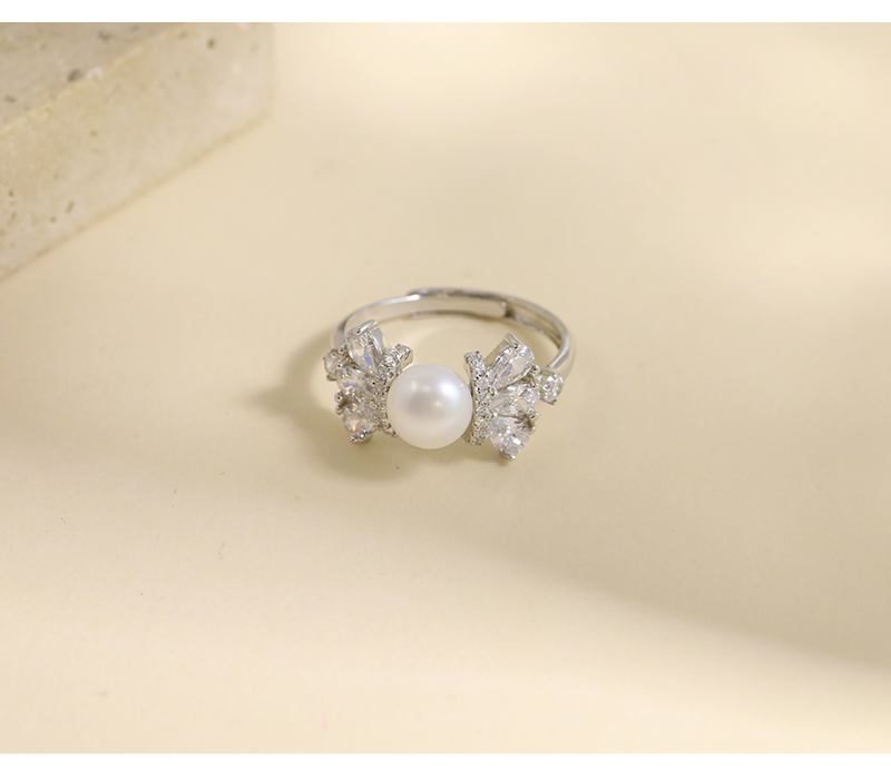 Sterling Silver White Gold Plated Elegant Glam Plating Inlay Solid Color Pearl Zircon Open Rings display picture 7