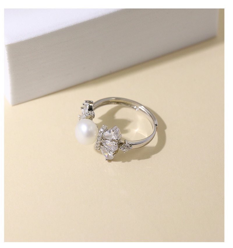 Sterling Silver White Gold Plated Elegant Glam Plating Inlay Solid Color Pearl Zircon Open Rings display picture 9