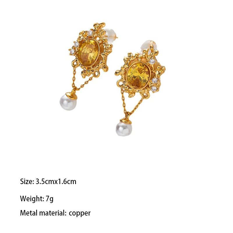 1 Pair Elegant Retro French Style Geometric Flower Inlay Copper Pearl Zircon 18K Gold Plated Drop Earrings Ear Studs display picture 9