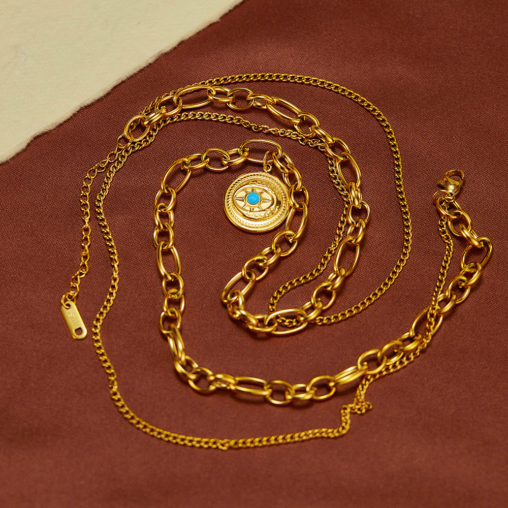Edelstahl 304 Vintage-Stil Inlay Runden Türkis Doppellagige Halsketten display picture 5