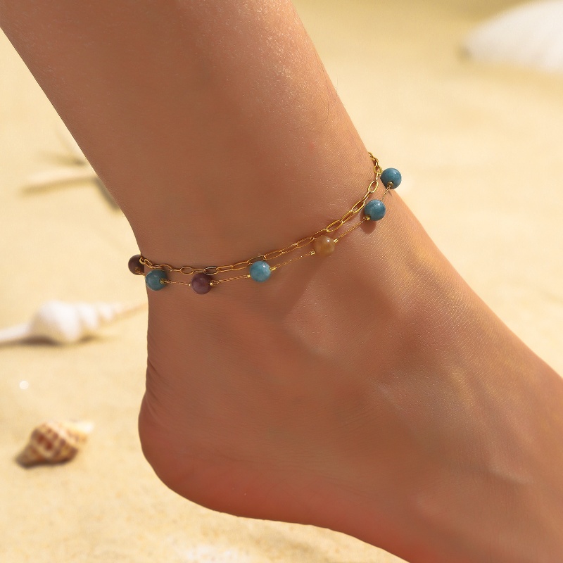 Beach Tropical Cool Style Geometric Colorful Splicing 304 Stainless Steel Inlay Natural Stone 18K Gold Plated Women's Bracelets Anklet display picture 3