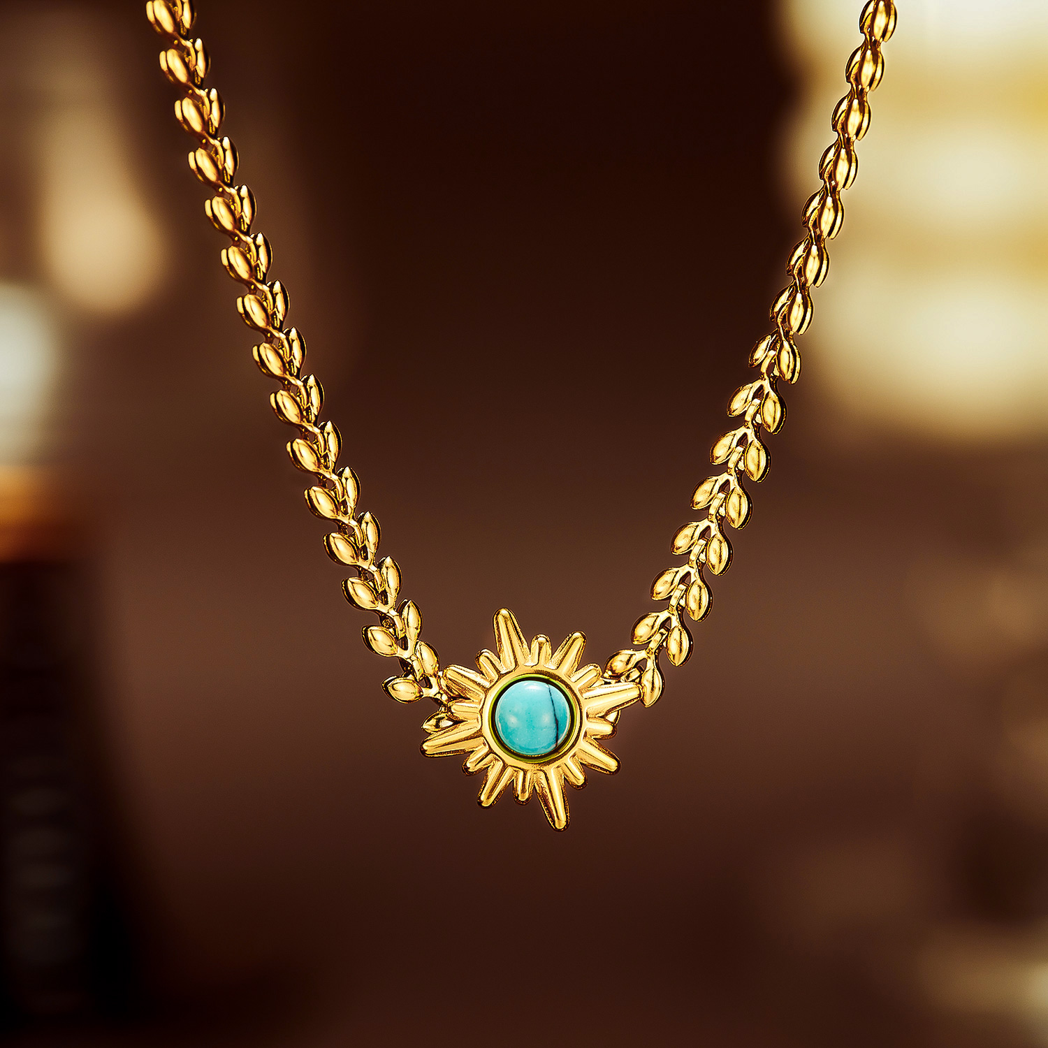 Acier Inoxydable 304 Style Vintage Style Simple Incruster Soleil Turquoise Collier display picture 2