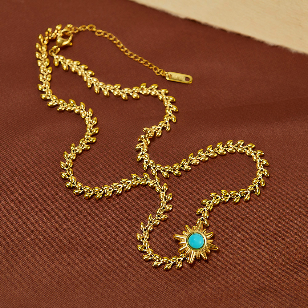 Acier Inoxydable 304 Style Vintage Style Simple Incruster Soleil Turquoise Collier display picture 3