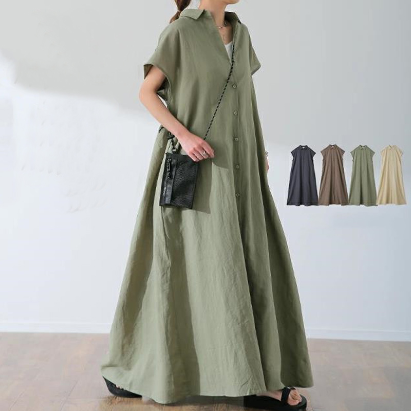 Women's Shirt Dress Vintage Style Shirt Collar Short Sleeve Solid Color Maxi Long Dress Midi Dress Holiday Daily display picture 2