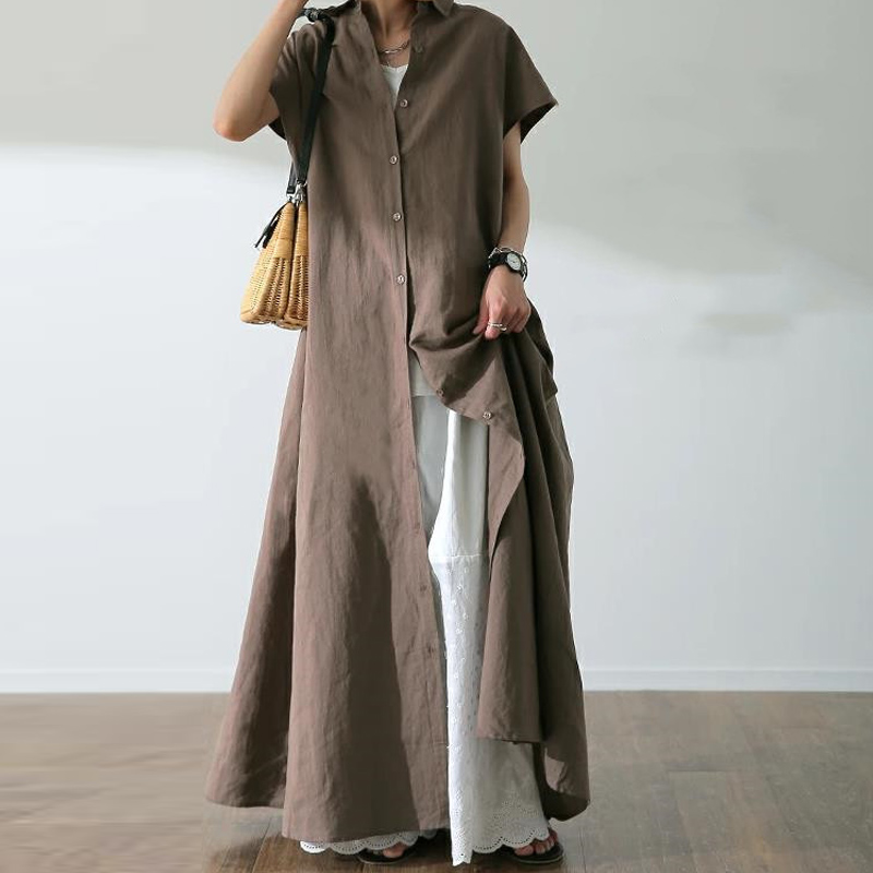 Women's Shirt Dress Vintage Style Shirt Collar Short Sleeve Solid Color Maxi Long Dress Midi Dress Holiday Daily display picture 4