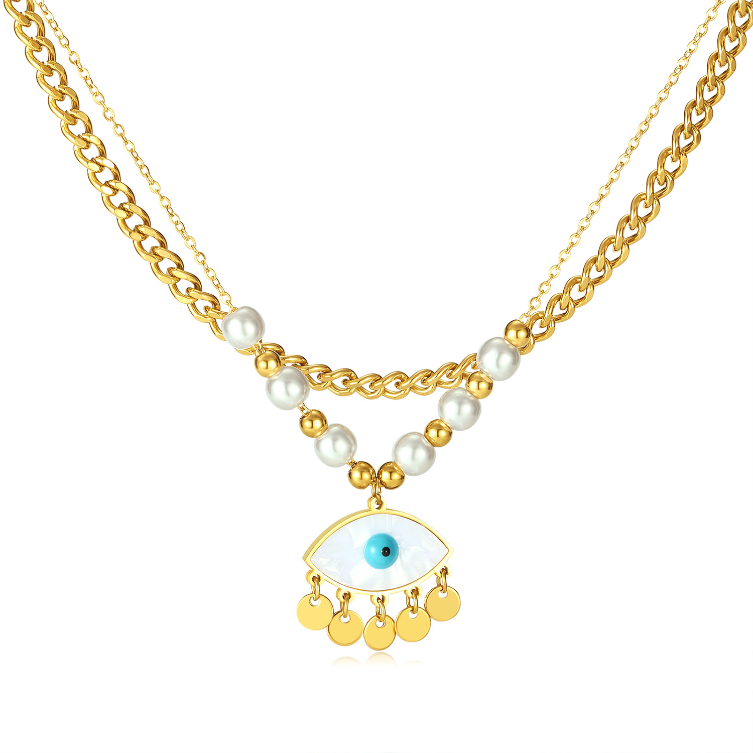 Edelstahl 304 IG-Stil Vintage-Stil Perlen Perle Inlay Teufels Auge Hülse Doppellagige Halsketten display picture 1