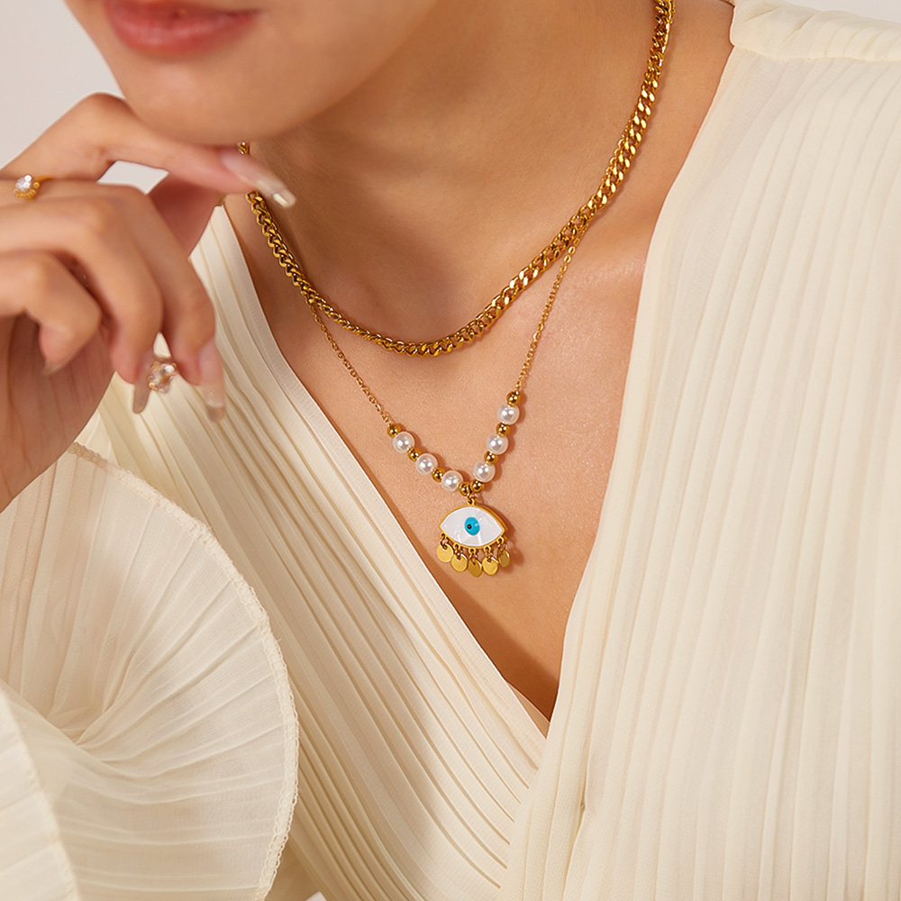 Edelstahl 304 IG-Stil Vintage-Stil Perlen Perle Inlay Teufels Auge Hülse Doppellagige Halsketten display picture 7
