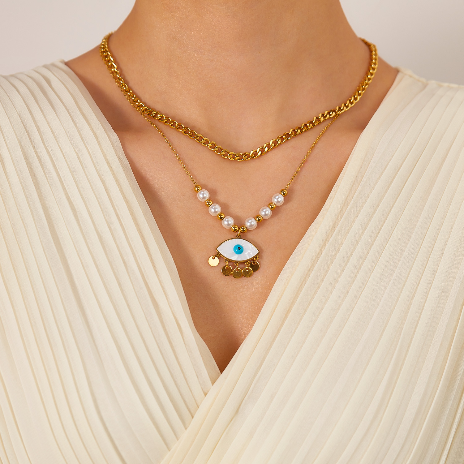 Edelstahl 304 IG-Stil Vintage-Stil Perlen Perle Inlay Teufels Auge Hülse Doppellagige Halsketten display picture 8