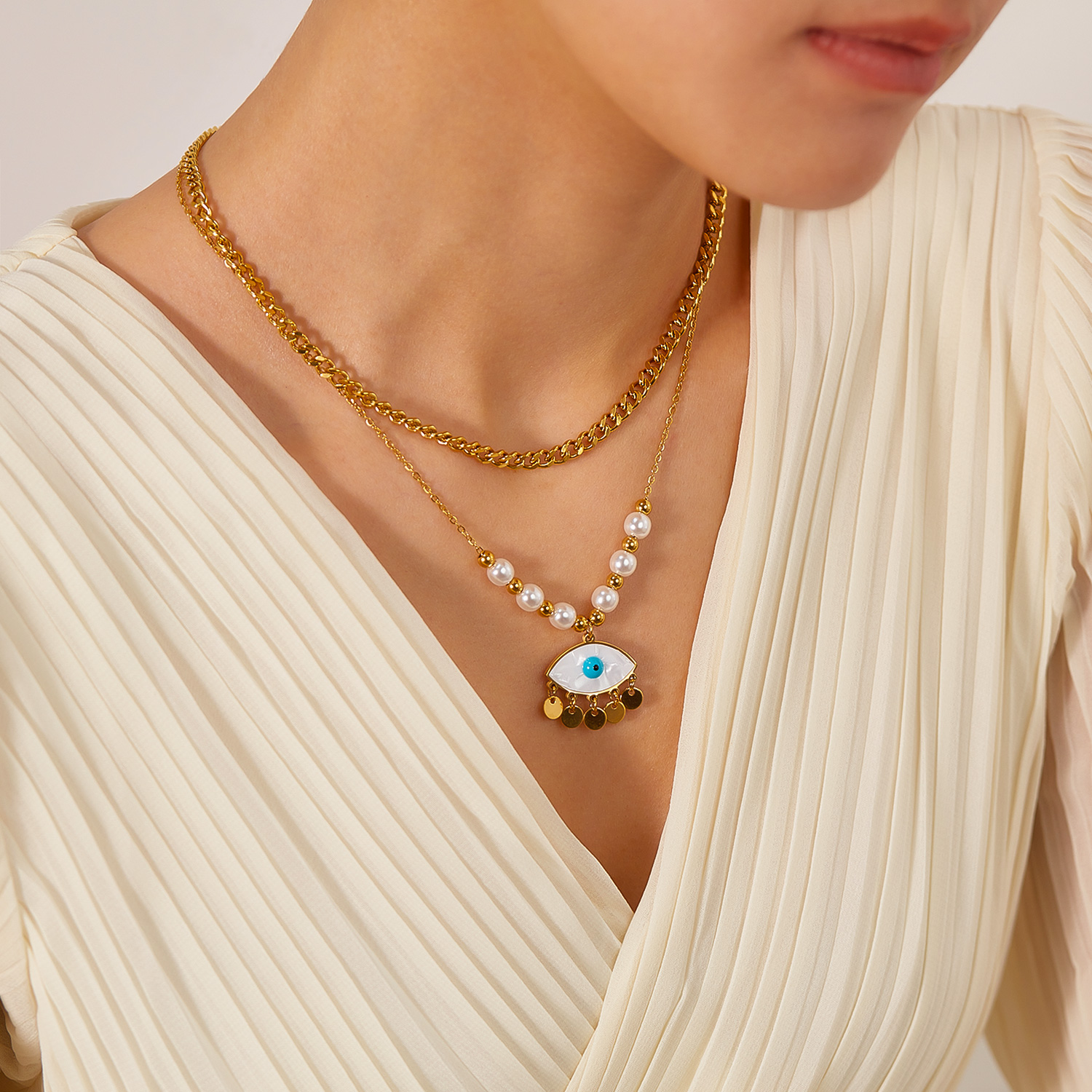 Edelstahl 304 IG-Stil Vintage-Stil Perlen Perle Inlay Teufels Auge Hülse Doppellagige Halsketten display picture 9