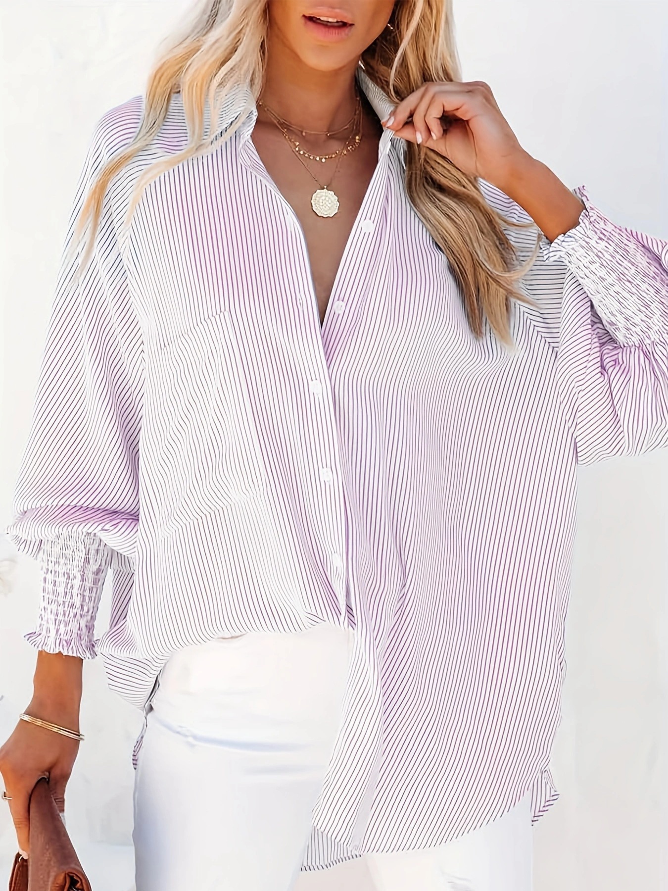 Women's Blouse Long Sleeve Blouses Printing Pocket Elegant Stripe Solid Color display picture 18