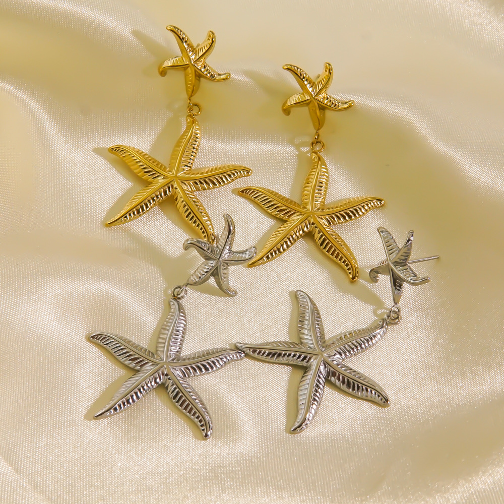 1 Pair Casual Sweet Starfish Inlay 304 Stainless Steel Zircon 18K Gold Plated Drop Earrings Ear Studs display picture 7