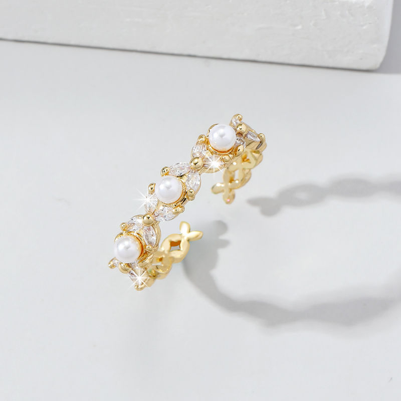 Großhandel IG-Stil Süss Pendeln Geometrisch Kupfer Inlay Künstliche Perlen Diamant Offener Ring display picture 2