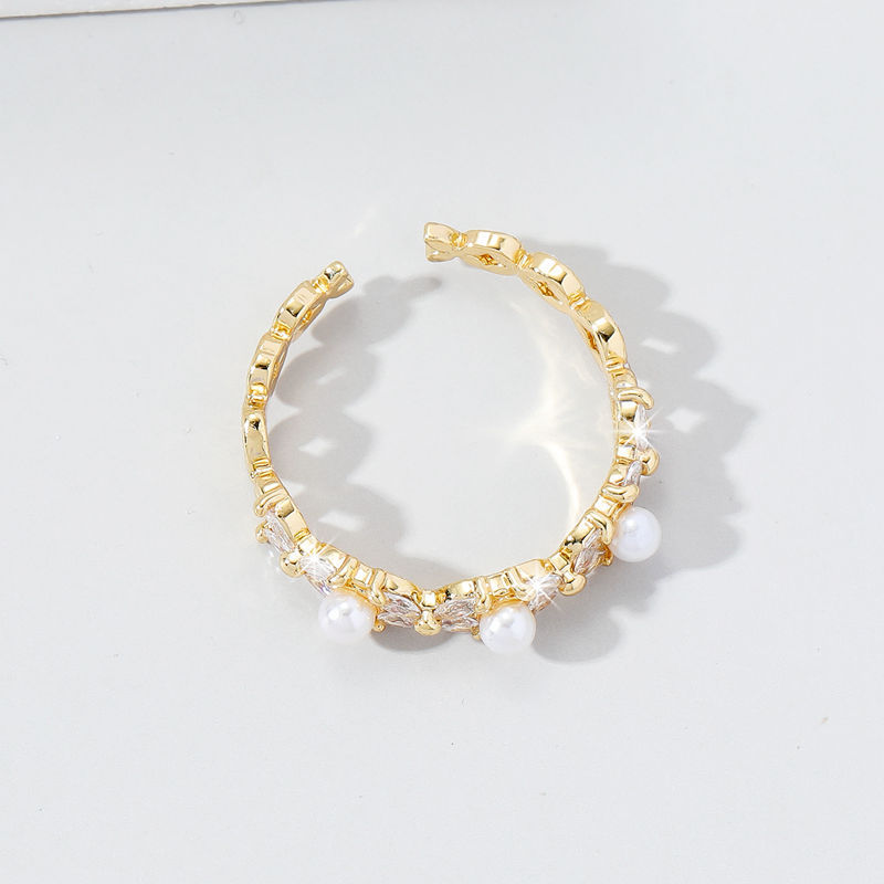 Großhandel IG-Stil Süss Pendeln Geometrisch Kupfer Inlay Künstliche Perlen Diamant Offener Ring display picture 3