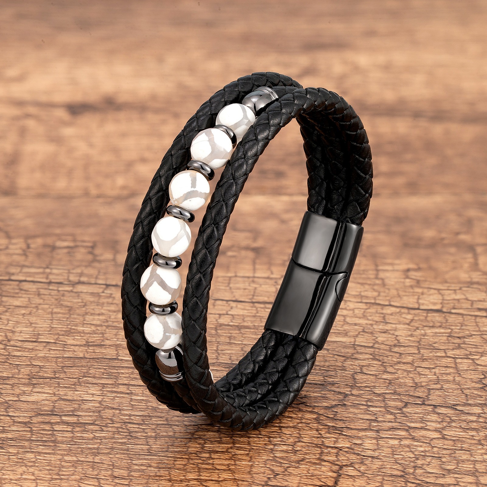 Cool Style Round Ball Leather Rope Stone Metal Layered Handmade Unisex Bracelets display picture 11