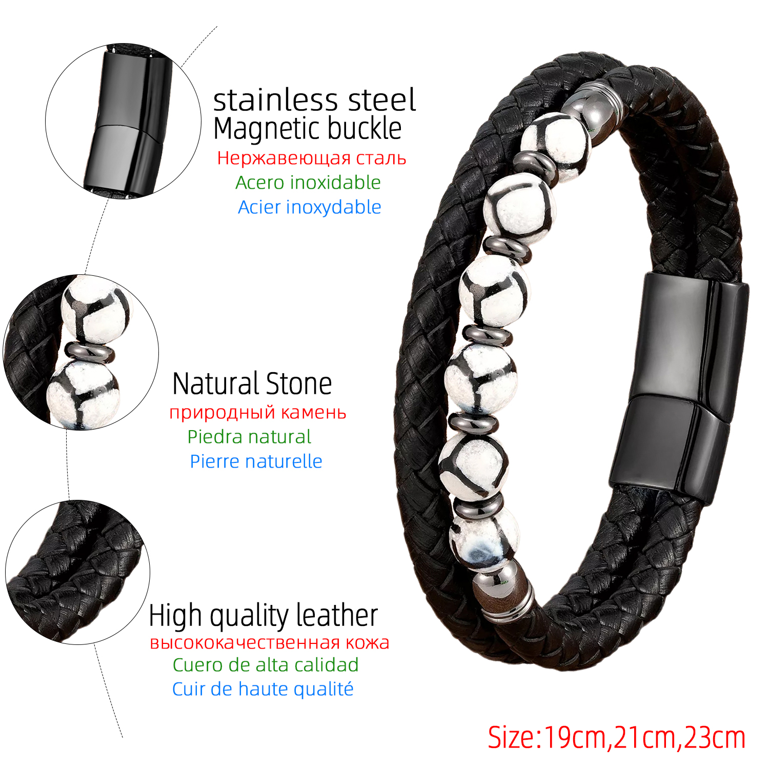 Cool Style Round Ball Leather Rope Stone Metal Layered Handmade Unisex Bracelets display picture 16