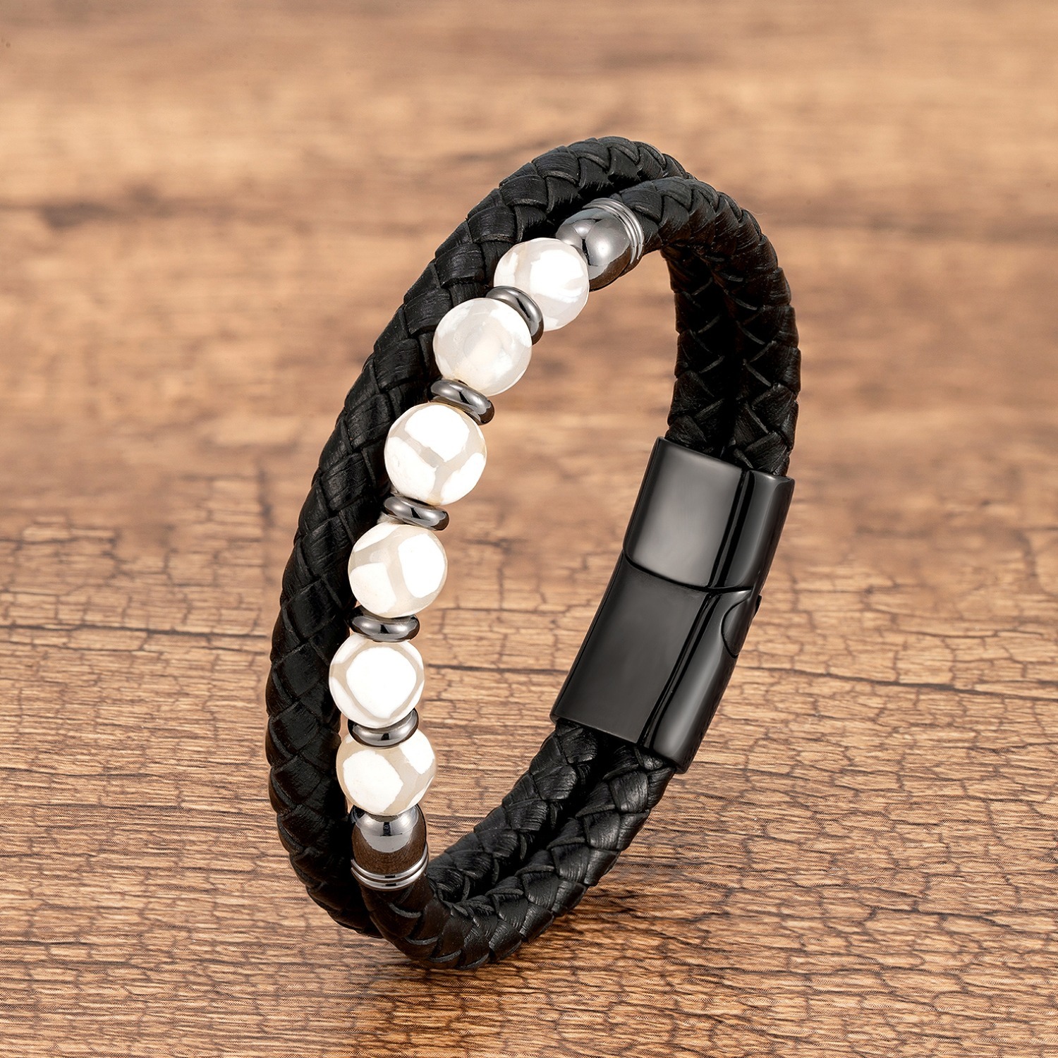 Cool Style Round Ball Leather Rope Stone Metal Layered Handmade Unisex Bracelets display picture 5