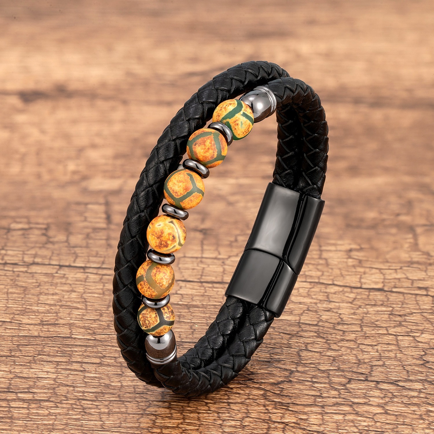 Cool Style Round Ball Leather Rope Stone Metal Layered Handmade Unisex Bracelets display picture 6
